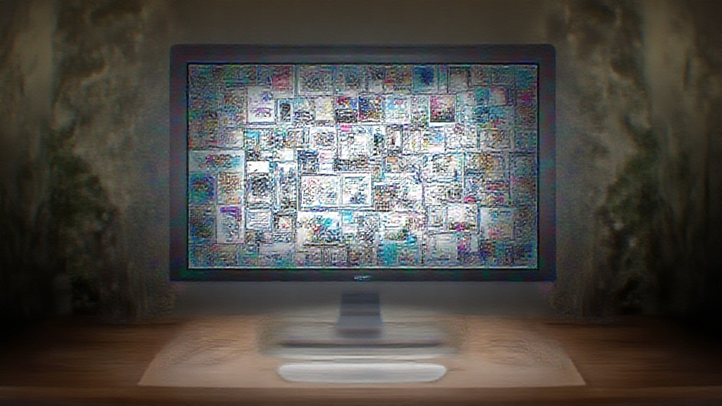 A creative workspace featuring a computer monitor displaying a collage of various reference images related to art and design.