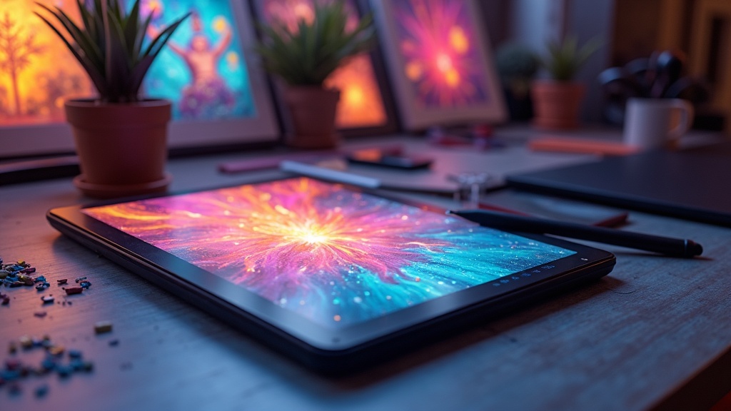A digital drawing tablet and stylus on a creative workspace, surrounded by vibrant digital artwork.