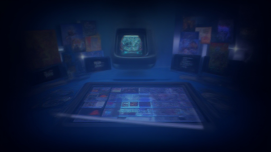 A modern digital artist's workspace, featuring a glowing tablet, colorful digital artwork on the screen, and open folders displaying different file icons.